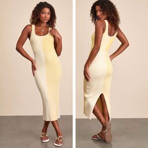 Lulus Radiant Personality Yellow Color Block Ribbed Knit Midi Dress Size XL NWT